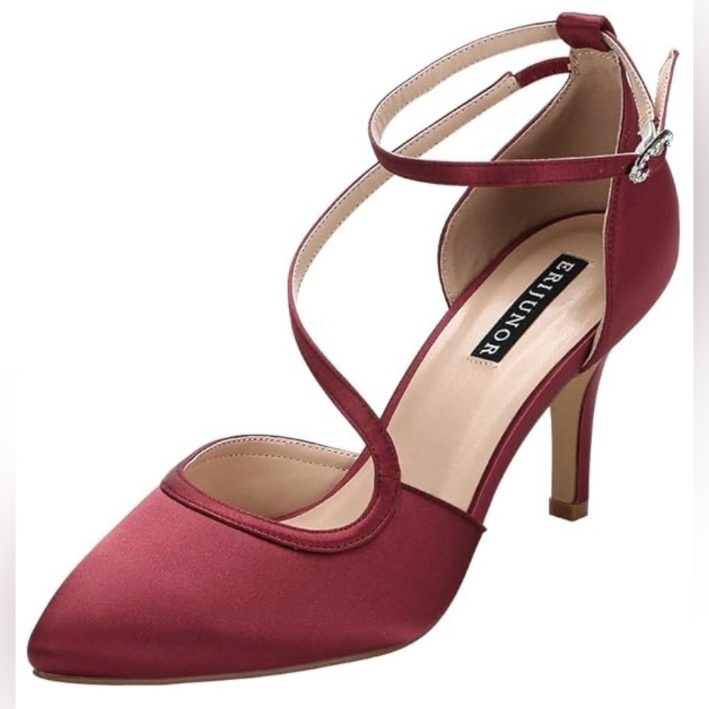 🆕 Erijunor Burgundy Satin Wedding Evening Party Heels Women’s size 9 New in Box